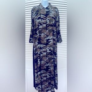 Andree ankle length duster, maxi dress, camouflage/embroidered back. Size M.
